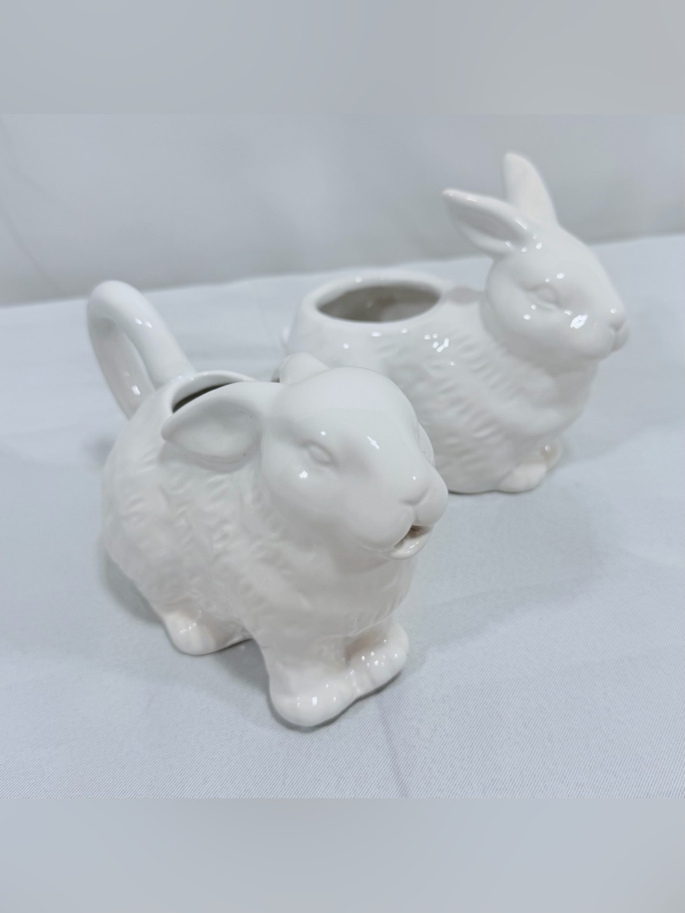 White Bunny Rabbit Covered Sugar Bowl & Creamer Pitcher MISSING A LID